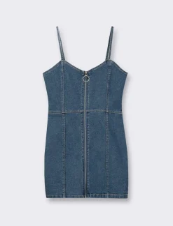 Donna Piazza Italia Donna<Abito con bretelle denim corto con dettaglio zip davanti. - DENIM SCURO