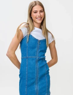 Donna Piazza Italia Donna<Abito con bretelle denim corto con dettaglio zip davanti. - Denim