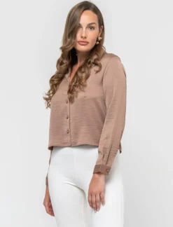 Donna Piazza Italia Donna|Camicie E Casacche<Camicia crop a manica lunga con scollo a V in satin - castoro