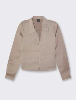 Donna Piazza Italia Donna|Camicie E Casacche<Camicia crop a manica lunga con scollo a V in satin - castoro