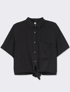 Donna Piazza Italia Donna<Camicia crop in tessuto di viscosa leggera con collo bowling e arriccio sul retro -