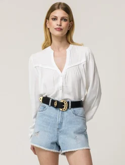 Donna Piazza Italia Camicie E Casacche<Camicia fluida con collo alla coreana e maniche ampie e applicazione nerve con arriccio -