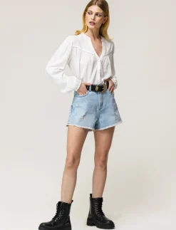 Donna Piazza Italia Camicie E Casacche<Camicia fluida con collo alla coreana e maniche ampie e applicazione nerve con arriccio -