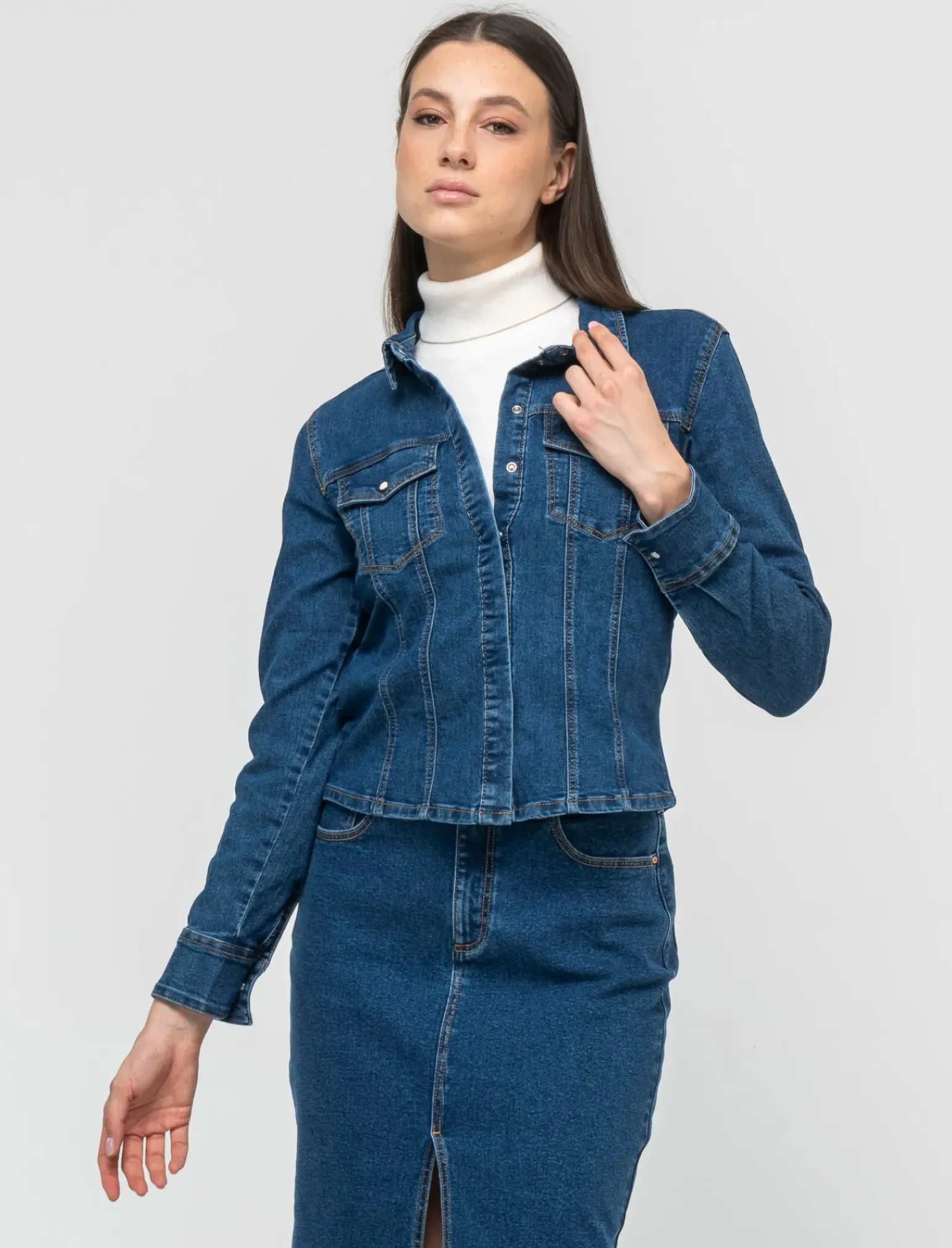 Donna Piazza Italia Donna|Camicie E Casacche<Camicia in denim skinny elastico con bottoni a pressione - Denim