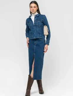 Donna Piazza Italia Donna|Camicie E Casacche<Camicia in denim skinny elastico con bottoni a pressione - Denim
