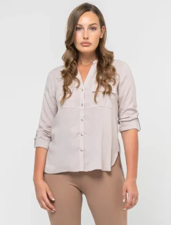 Donna Piazza Italia Camicie E Casacche<Camicia in viscosa manica lunga risvoltabile tramite alette - Sabbia