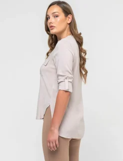Donna Piazza Italia Camicie E Casacche<Camicia in viscosa manica lunga risvoltabile tramite alette - Sabbia