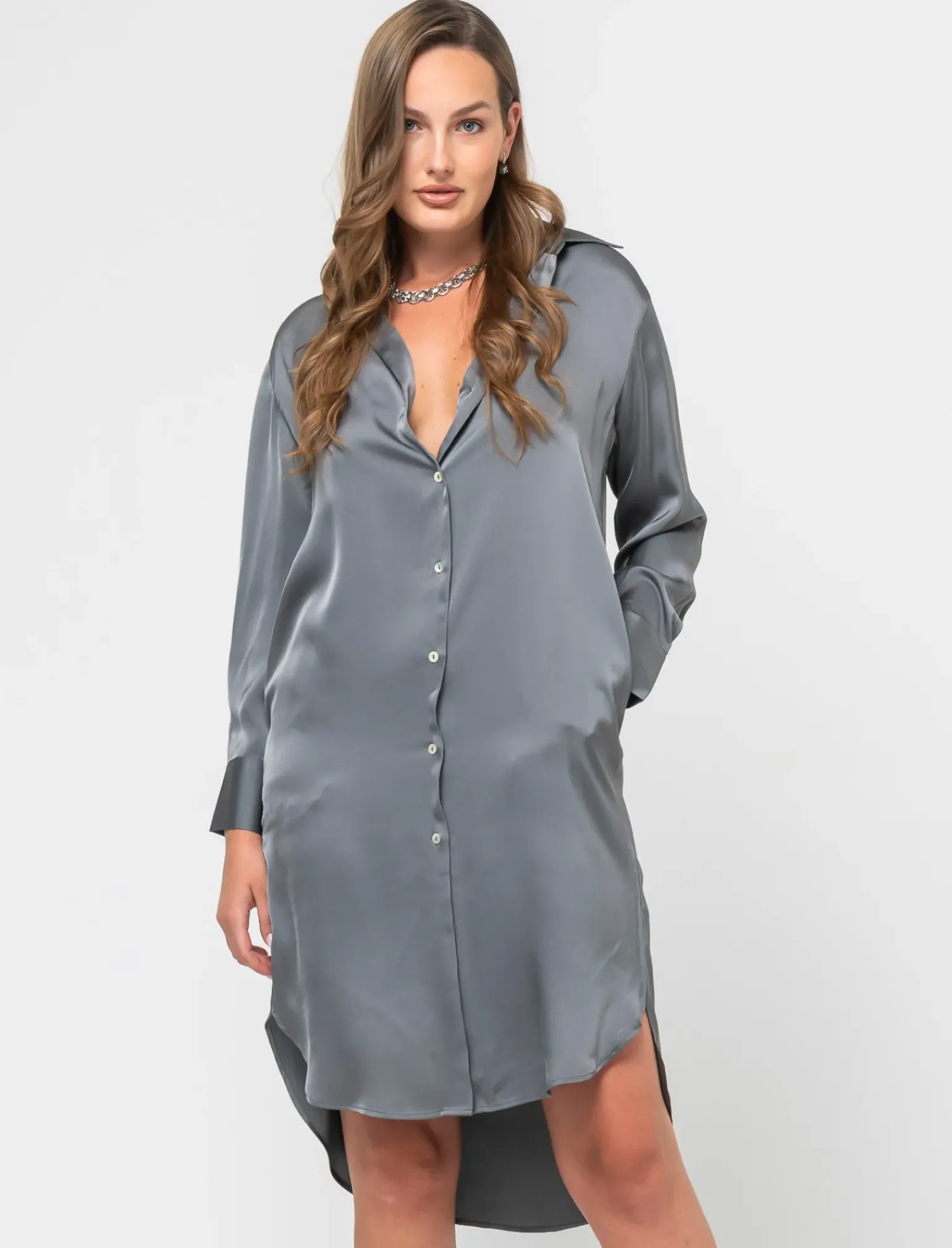 Donna Piazza Italia Donna|Camicie E Casacche<Camicia lunga in tessuto di raso morbido sulla spalla - piombo