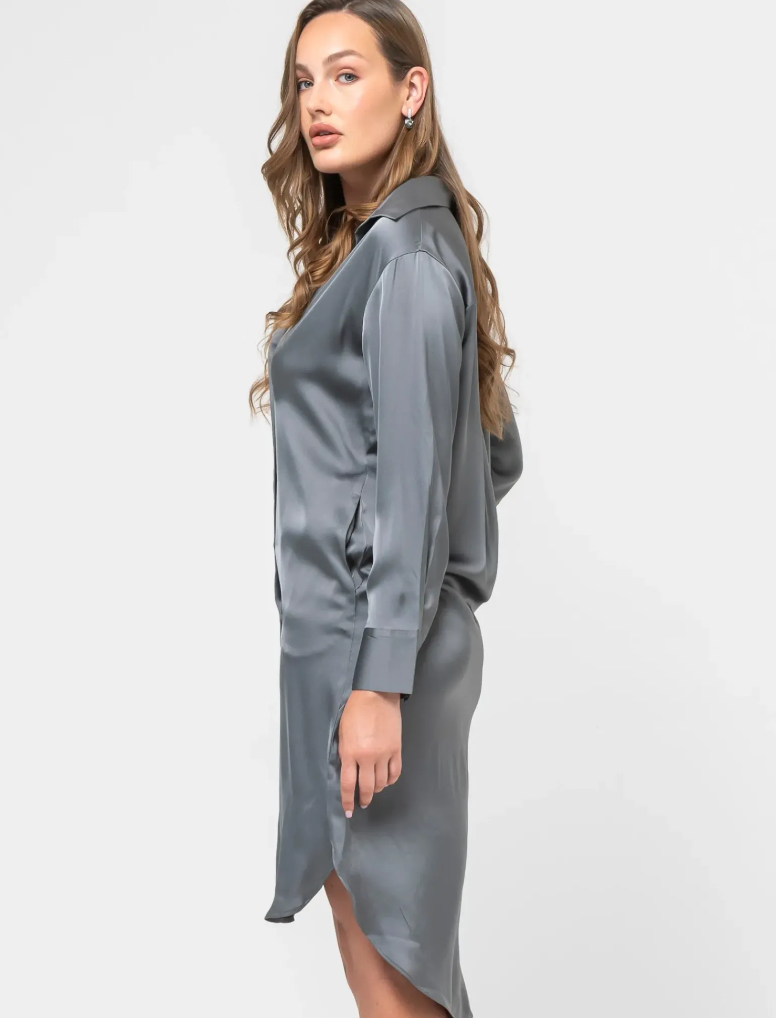 Donna Piazza Italia Donna|Camicie E Casacche<Camicia lunga in tessuto di raso morbido sulla spalla - piombo