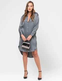 Donna Piazza Italia Donna|Camicie E Casacche<Camicia lunga in tessuto di raso morbido sulla spalla - piombo