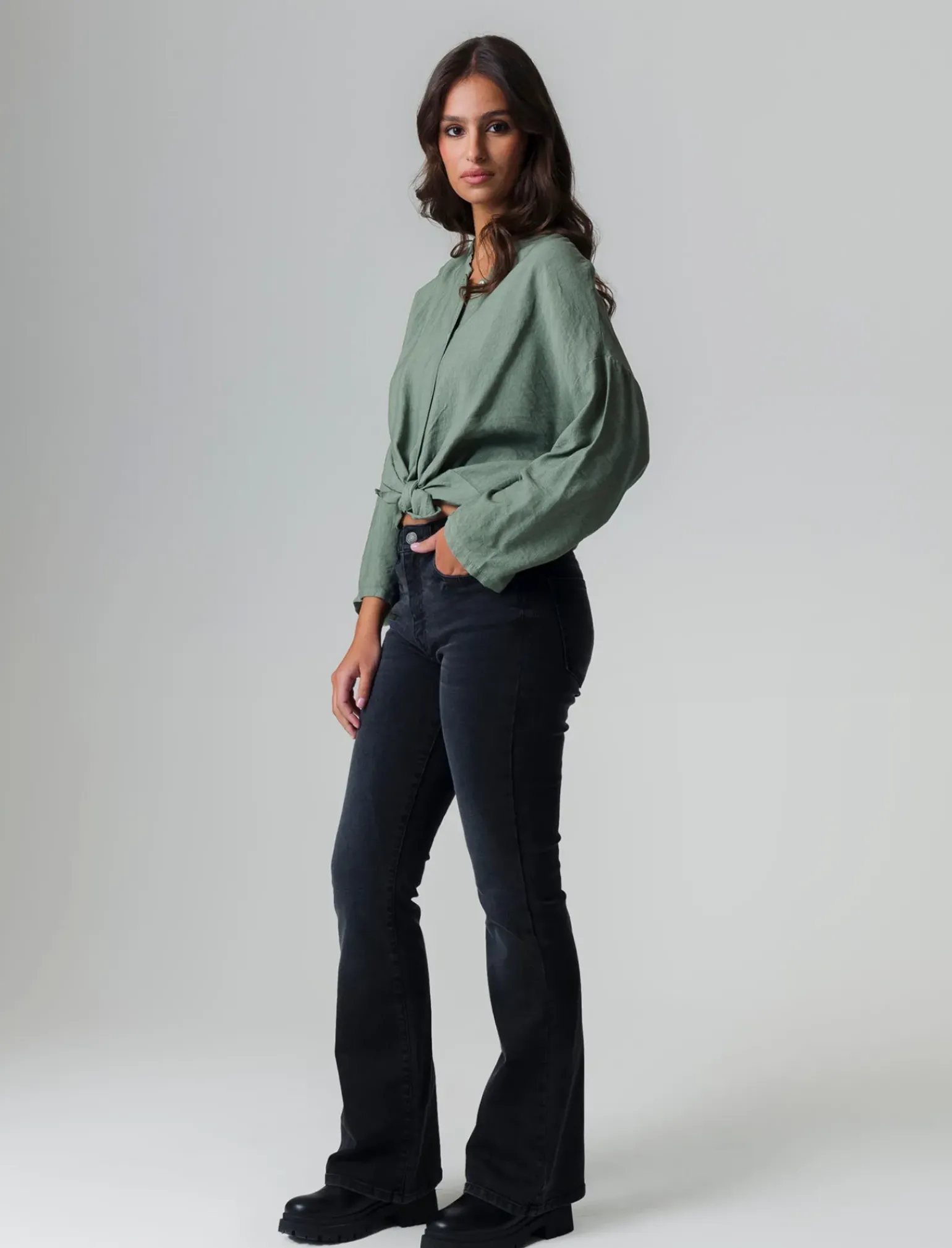 Donna Piazza Italia Camicie E Casacche<Camicia manica lunga con nodo e colletto alla coreana - salvia