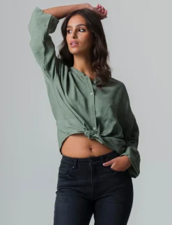 Donna Piazza Italia Camicie E Casacche<Camicia manica lunga con nodo e colletto alla coreana - salvia