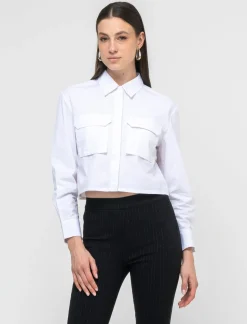 Donna Piazza Italia Donna|Camicie E Casacche<Camicia manica lunga cropped con tasche a toppe -
