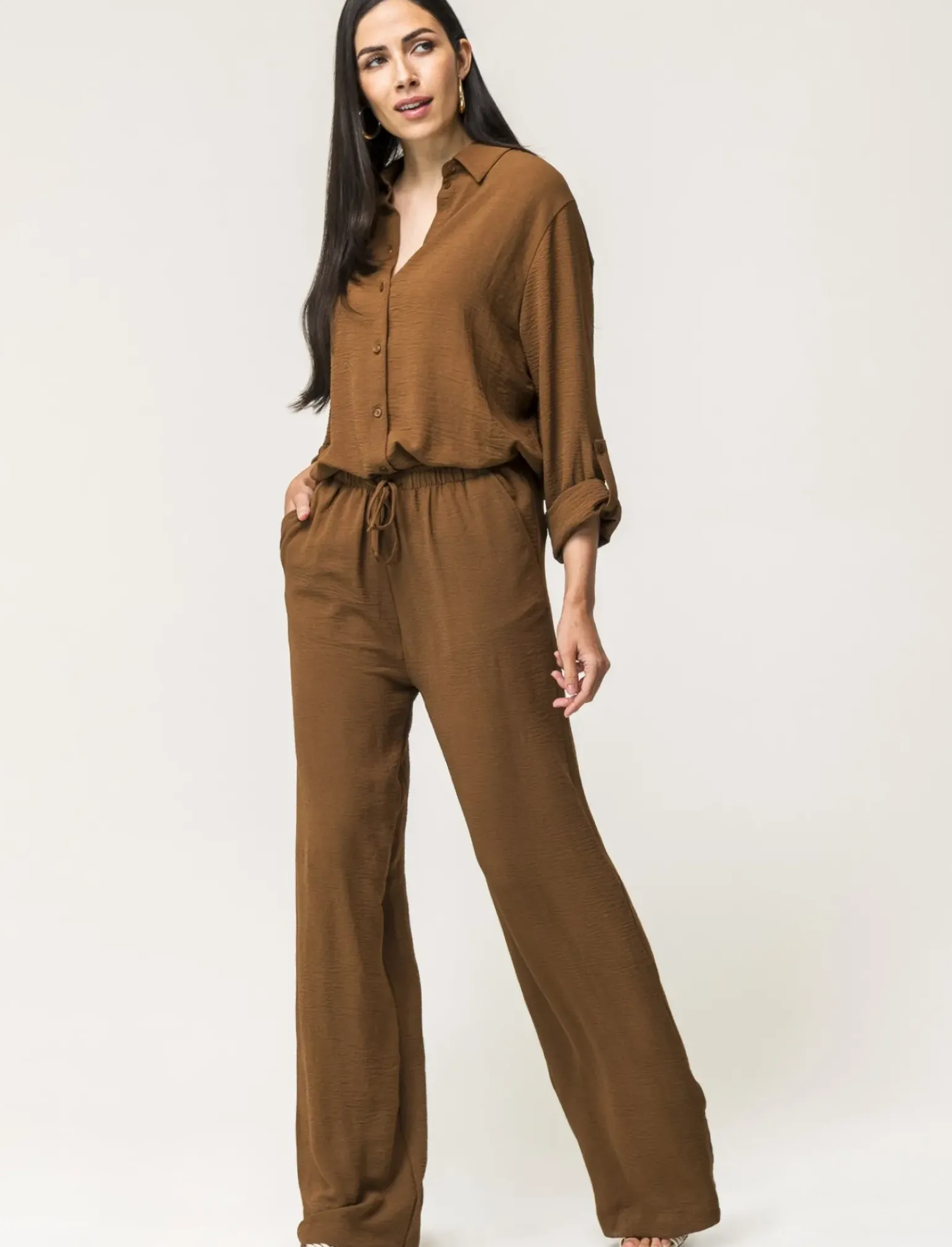 Donna Piazza Italia Camicie E Casacche<Camicia manica lunga in tessuto fluido con spalla scesa e alette sulla manica - tabacco