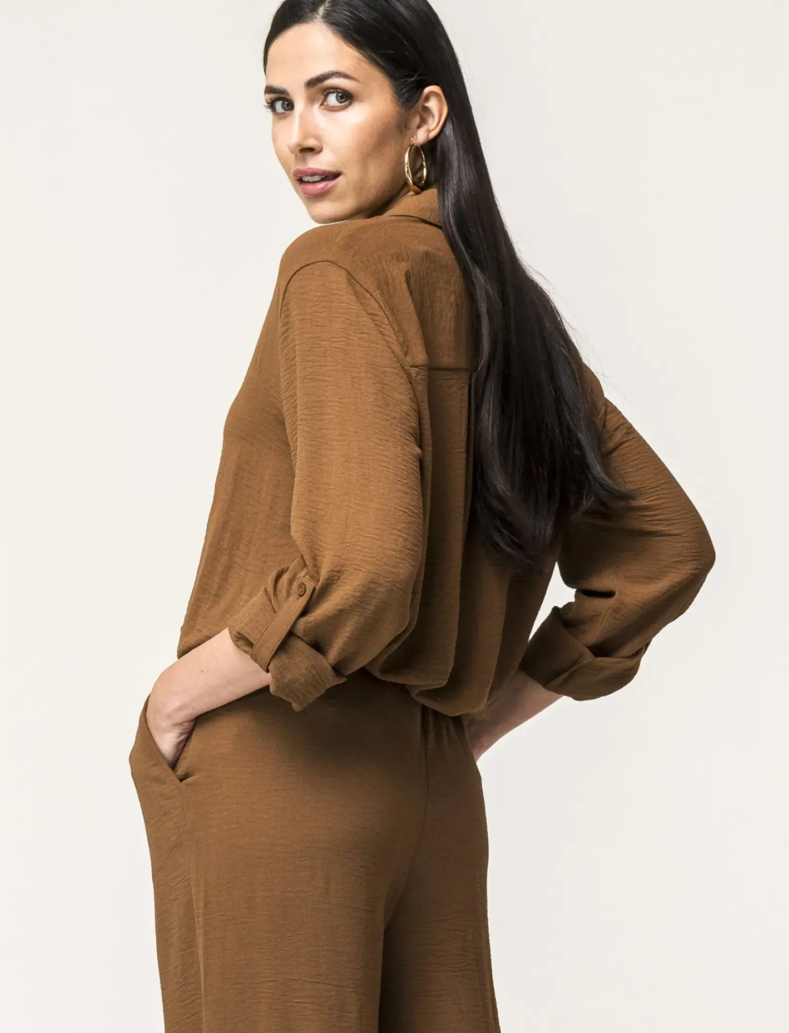 Donna Piazza Italia Camicie E Casacche<Camicia manica lunga in tessuto fluido con spalla scesa e alette sulla manica - tabacco