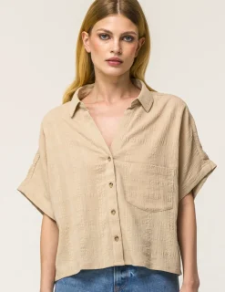 Donna Piazza Italia Camicie E Casacche<Camicia mezza manica in cotone con tasca applicata - Beige corda
