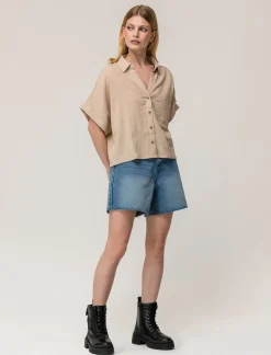 Piazza Italia Camicia mezza manica in cotone con tasca applicata - Beige corda Marrone Cheap