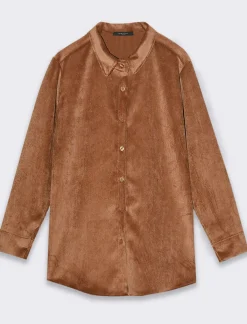 Donna Piazza Italia Donna|Camicie E Casacche<Camicia mnica lunga a coste con tessuto effetto velluto - tabacco