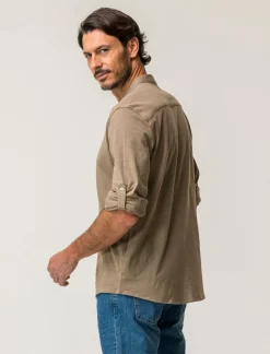 Uomo Piazza Italia Camicie<Camicia regular fit realizzata in tessuto jersey slub in puro cotone con collo coreano e maniche lun - tortora