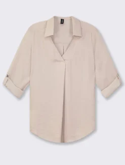 Donna Piazza Italia Donna|Camicie E Casacche<Camicia scollo a V con manica lunga risvoltabile con alette - Sabbia