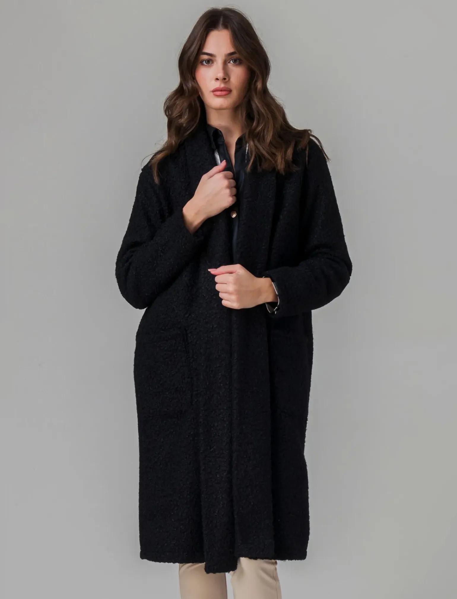 Donna Piazza Italia Donna|Giubbini E Cappotti<Cappotto aperto in tessuto bouclè - Nero