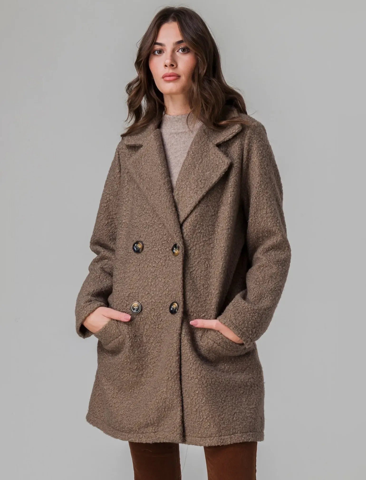 Donna Piazza Italia Giubbini E Cappotti<Cappotto doppiopetto in tessuto bouclè - fango