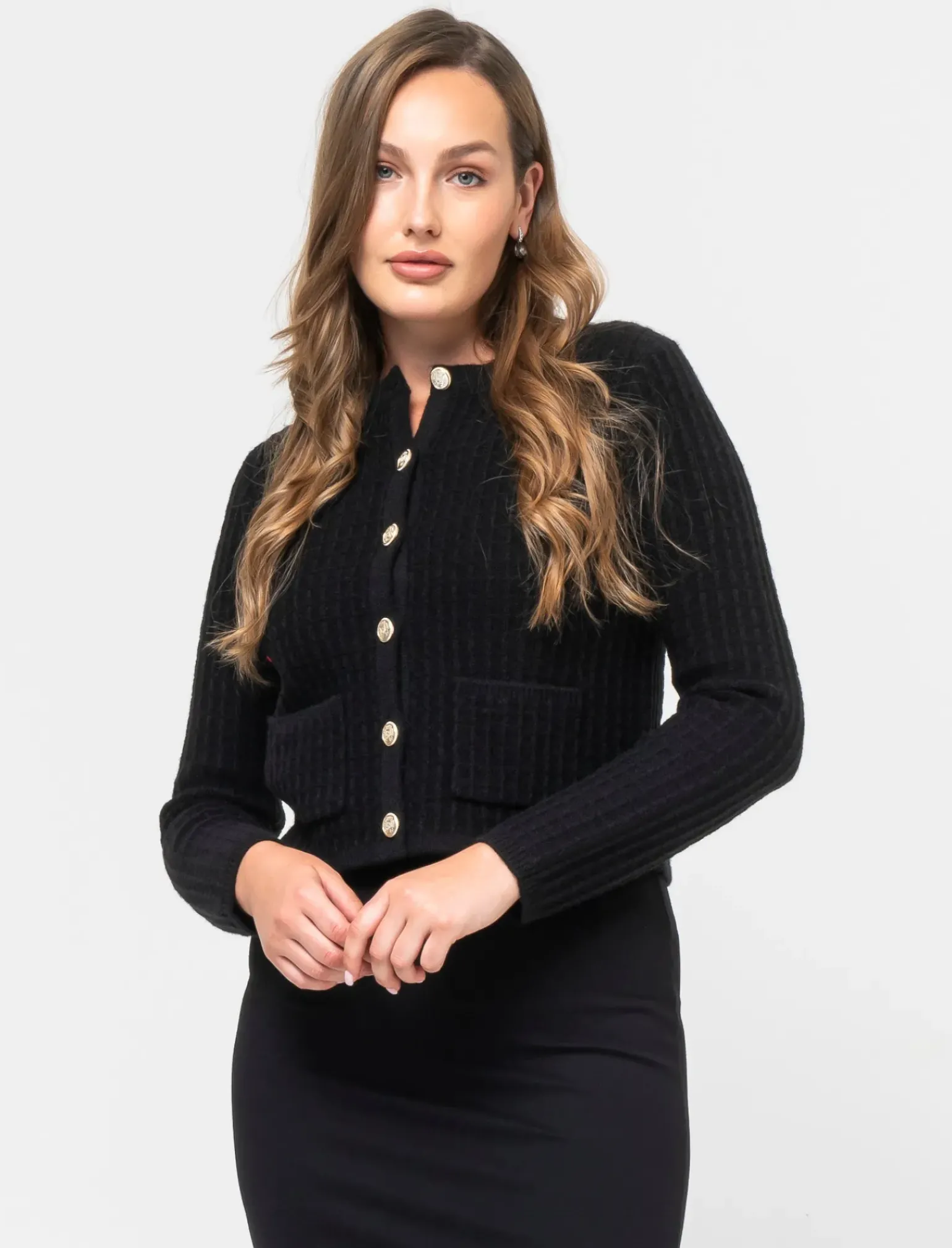 Donna Piazza Italia Maglieria<Cardigan corto con bottoni utilites effetto metallo dorato -