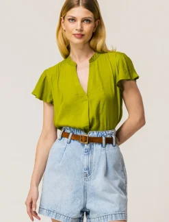 Donna Piazza Italia Camicie E Casacche<Casacca in tessuto fluido, apertura scollo a V e maniche volant - pistacchio