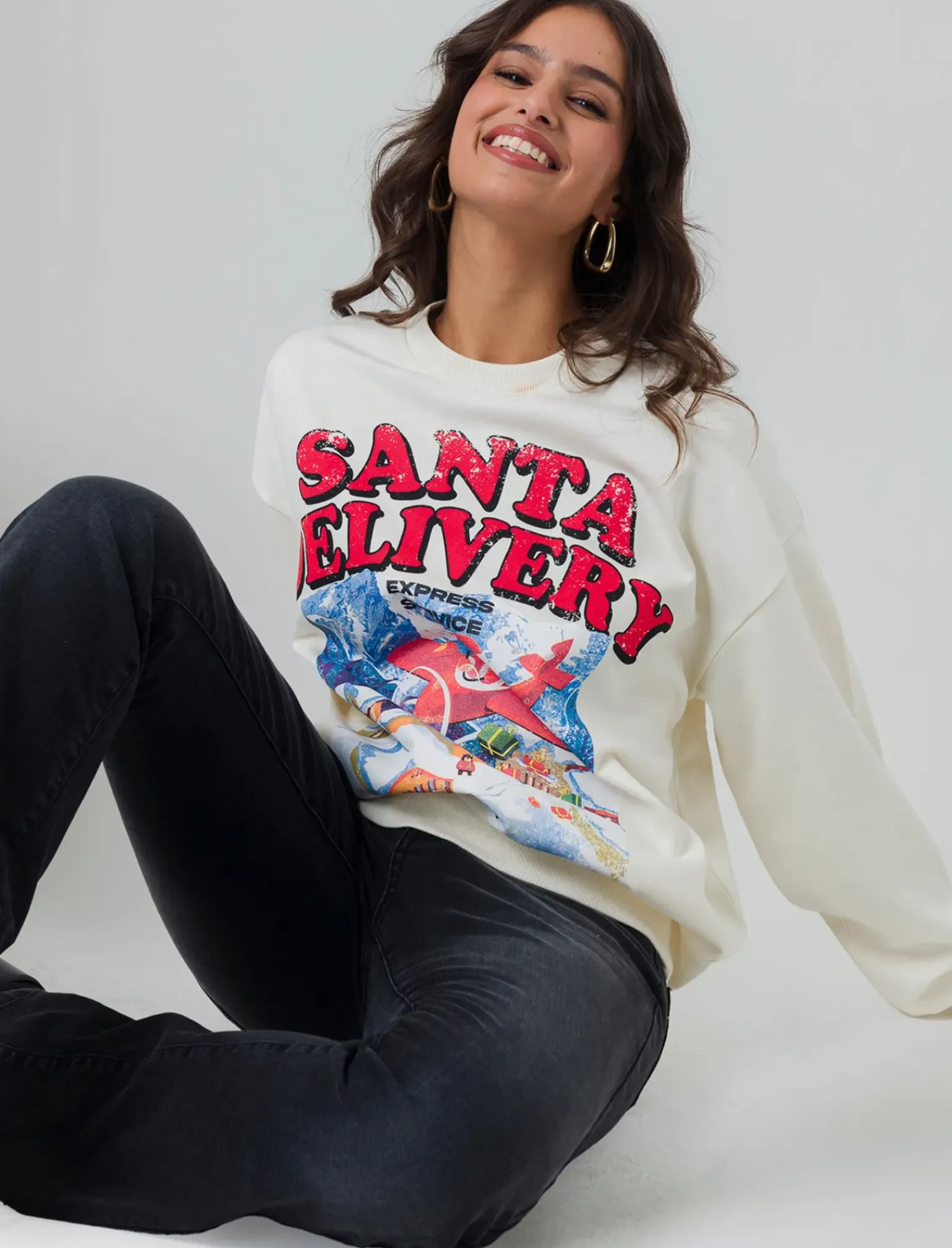 Donna Piazza Italia Felpe<Felpa giro collo manica lunga e spalle cadenti con stampa natalizia - Var 4