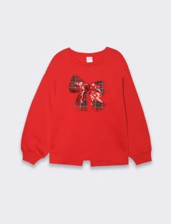 Piazza Italia Bambina|Felpe<Felpa girocollo da bambina con scollo e decorazione fiocco stampato con paillettes -