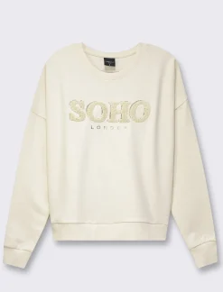 Donna Piazza Italia Donna|Felpe<Felpa girocollo in tessuto french terry di cotone con applicazioni e stampe - Avorio