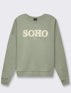 Donna Piazza Italia Donna|Felpe<Felpa girocollo in tessuto french terry di cotone con applicazioni e stampe - Verdino