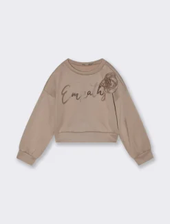 Piazza Italia Bambina|Felpe<Felpa in tessuto bielastico da bambina con stampa e fiore cucito sul davanti - biscotto