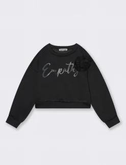 Piazza Italia Bambina|Felpe<Felpa in tessuto bielastico da bambina con stampa e fiore cucito sul davanti - Nero