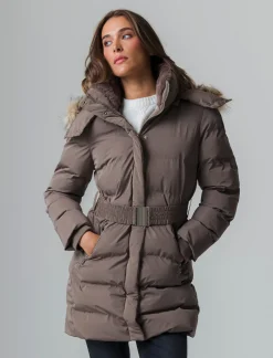 Donna Piazza Italia Donna|Giubbini E Cappotti<Giaccone imbottito con cappuccio e cintura elastica in vita - tortora