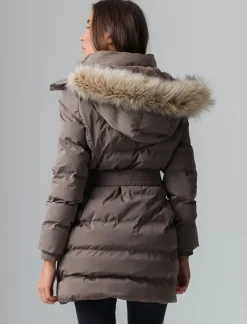 Donna Piazza Italia Donna|Giubbini E Cappotti<Giaccone imbottito con cappuccio e cintura elastica in vita - tortora