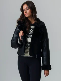 Donna Piazza Italia Donna|Giubbini E Cappotti<Giubotto modello chiodo in finto sued con interno in shearling -