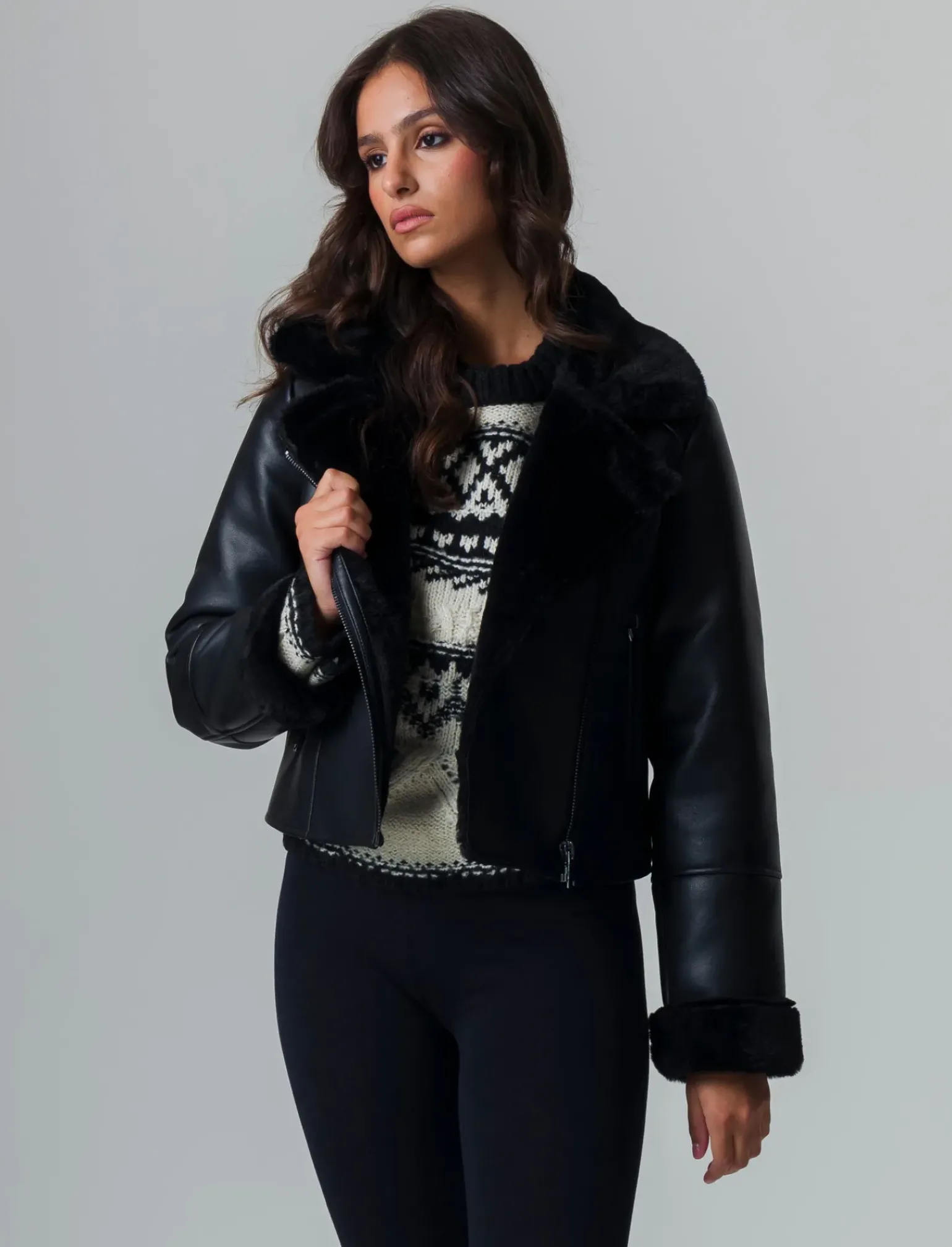 Donna Piazza Italia Donna|Giubbini E Cappotti<Giubotto modello chiodo in finto sued con interno in shearling -