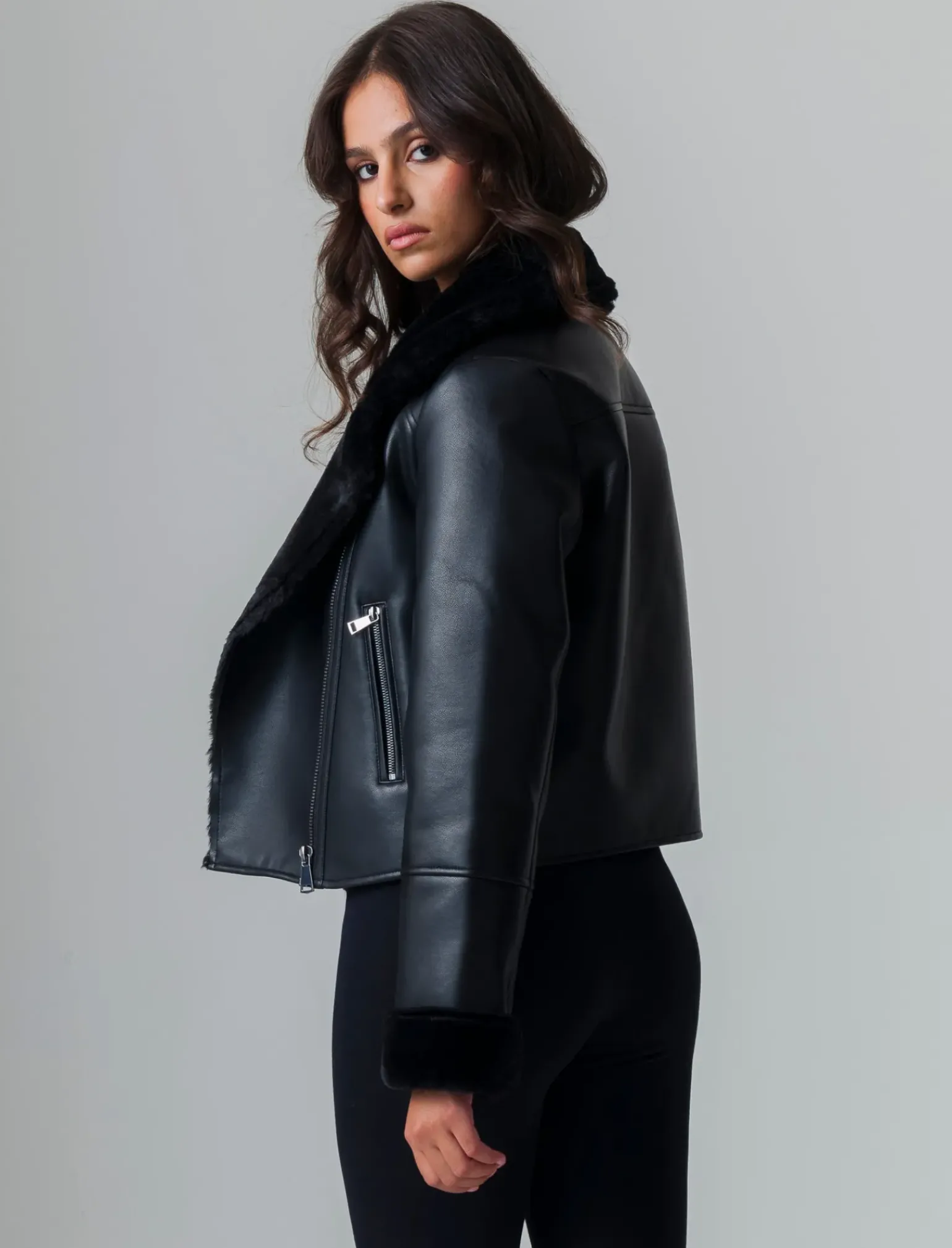 Donna Piazza Italia Donna|Giubbini E Cappotti<Giubotto modello chiodo in finto sued con interno in shearling -