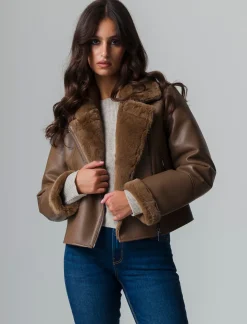 Donna Piazza Italia Donna|Giubbini E Cappotti<Giubotto modello chiodo in finto sued con interno in shearling - tortora