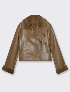 Donna Piazza Italia Donna|Giubbini E Cappotti<Giubotto modello chiodo in finto sued con interno in shearling - tortora