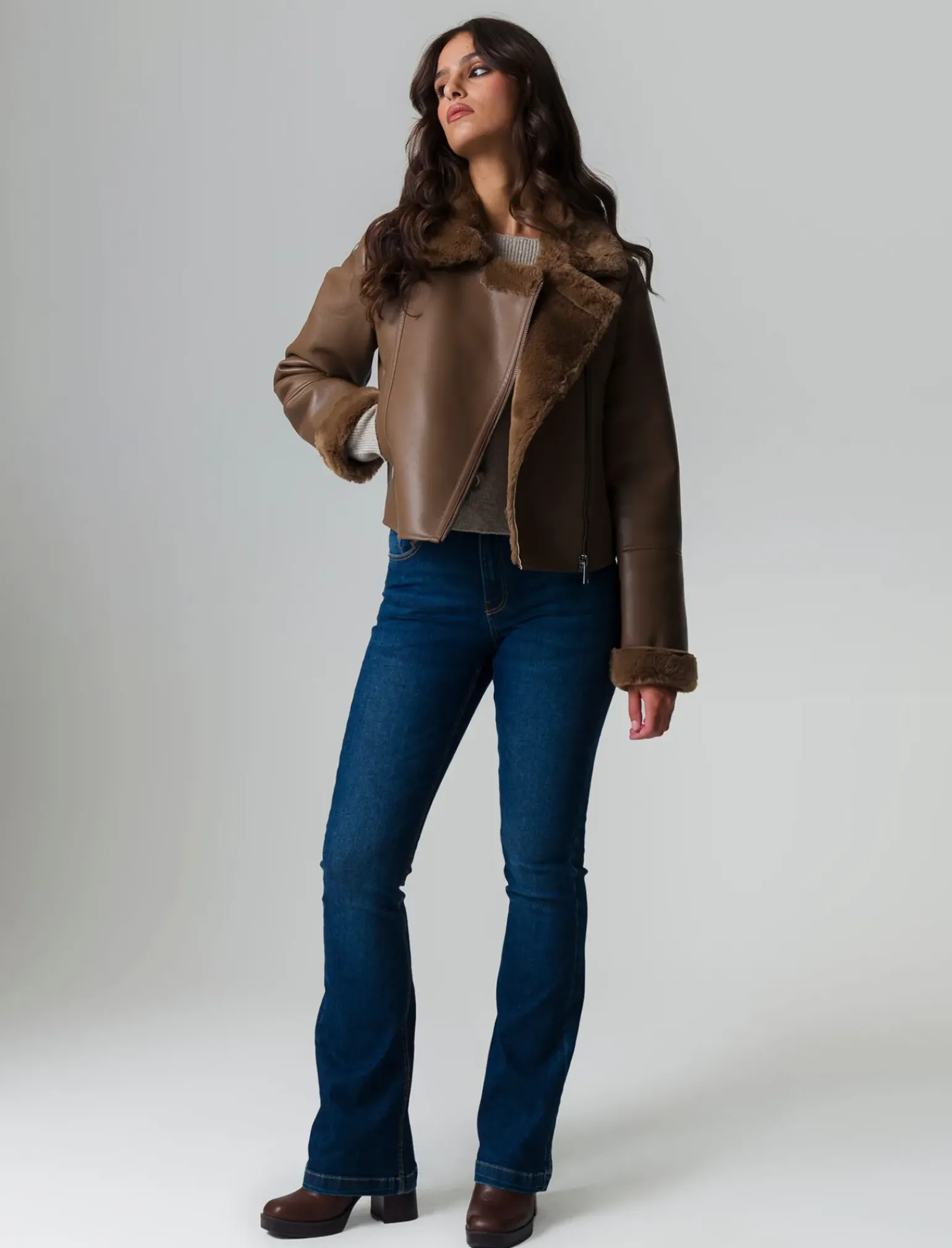 Donna Piazza Italia Donna|Giubbini E Cappotti<Giubotto modello chiodo in finto sued con interno in shearling - tortora