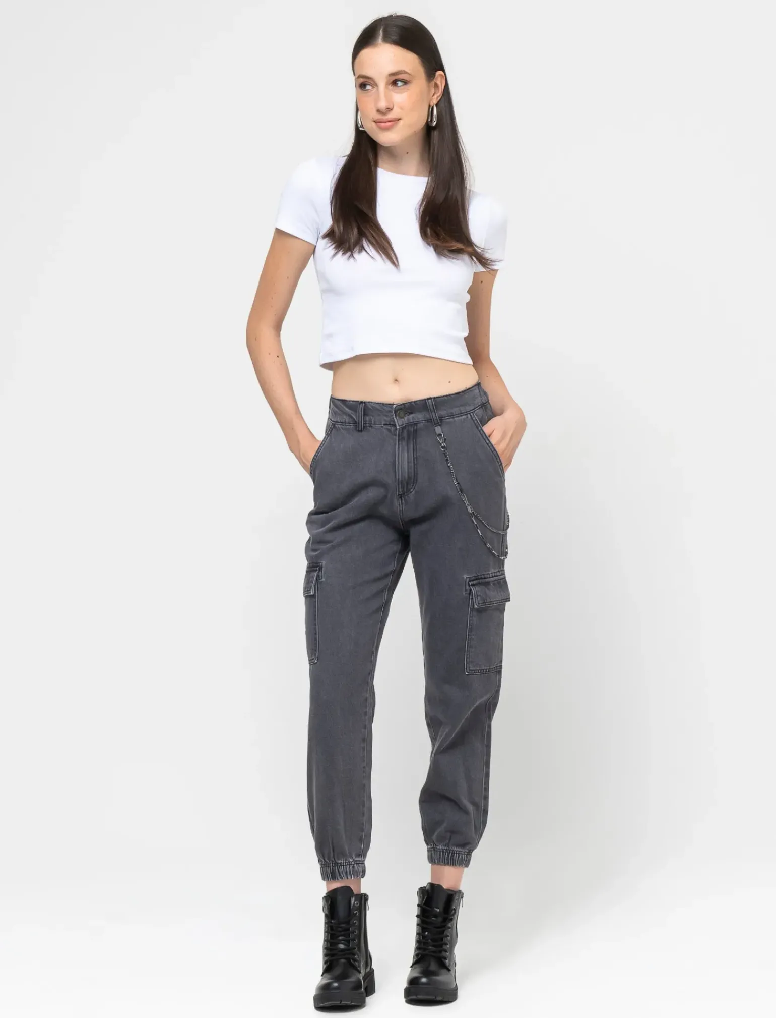 Donna Piazza Italia Donna|Jeans<Jeans jogger con tasconi e accessorio catena -