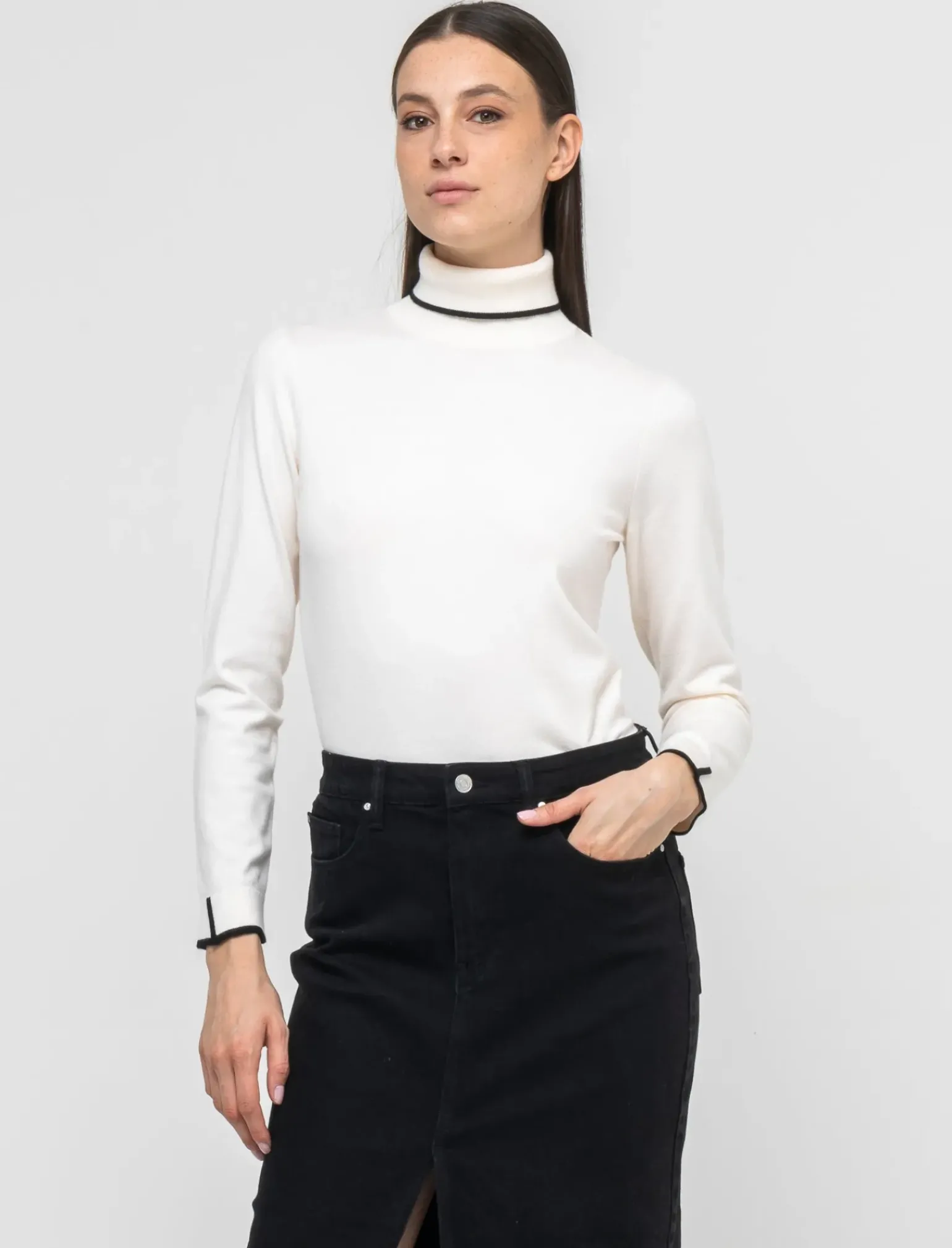 Donna Piazza Italia Donna|Maglieria<Maglia a collo alto con dettaglio a contrasto su collo e polsini - Avorio
