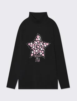 Piazza Italia Bambina|T-Shirt E Top<Maglia a collo alto in cotone elasticizzato e stampe frontali con strass adesivi decorativi -