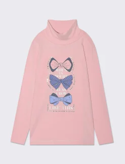 Piazza Italia Bambina|T-Shirt E Top<Maglia a collo alto in cotone elasticizzato e stampe frontali con strass adesivi decorativi -