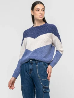 Donna Piazza Italia Maglieria<Maglia a girocollo in ciniglia con manica a T e lavorazione a righe larghe - var 3