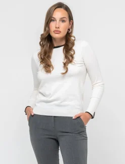 Donna Piazza Italia Donna|Maglieria<Maglia a girocollo in maglia fine con contrasto su bordo scollo e polso - Avorio