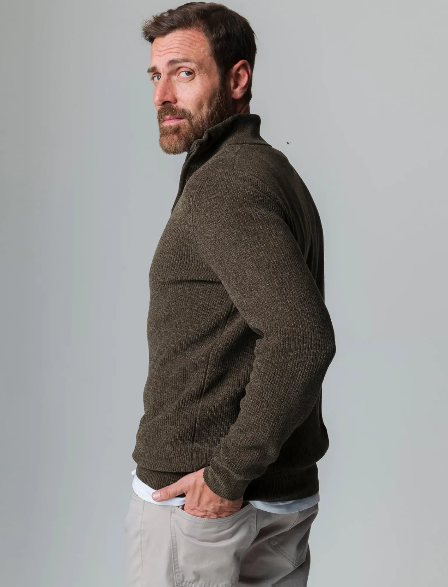 Uomo Piazza Italia Maglieria<Maglia collo alto zip in ciniglia a coste regular fit - kaki