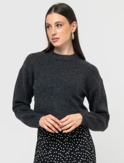 Donna Piazza Italia Maglieria<Maglia crop manica lunga giro collo con spalla a T - Antracite melange